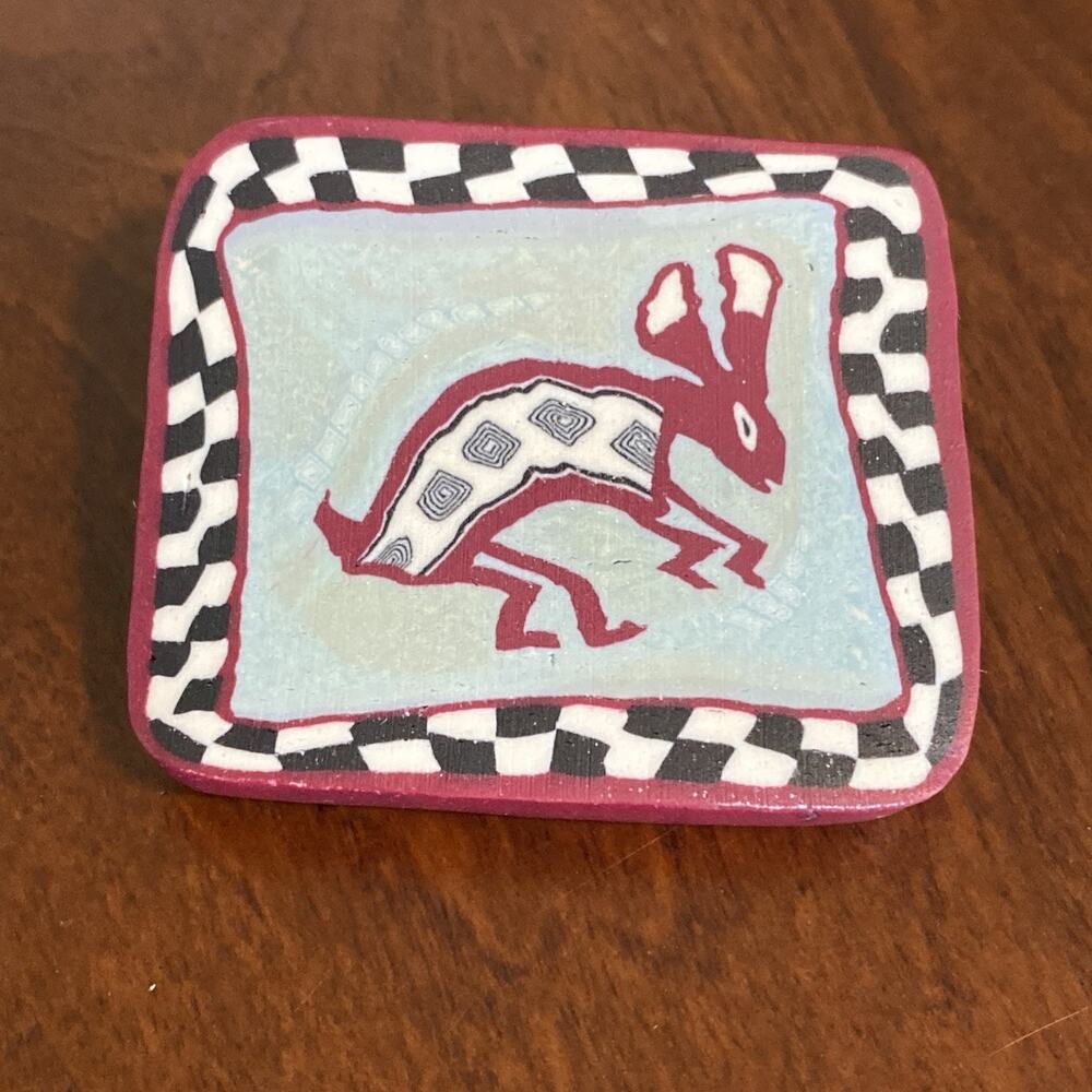 Clay Brooch Handmade Studio Art Pin 1996 Rabbit Multi-Color Vintage 1.5 x‎ 1.5”